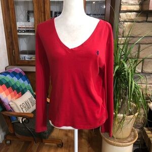 POLO RALPH LAUREN SIZE XLARGE RED LONG SLEEVE V/NECK WITH BLUE LOGO BLUE LABEL